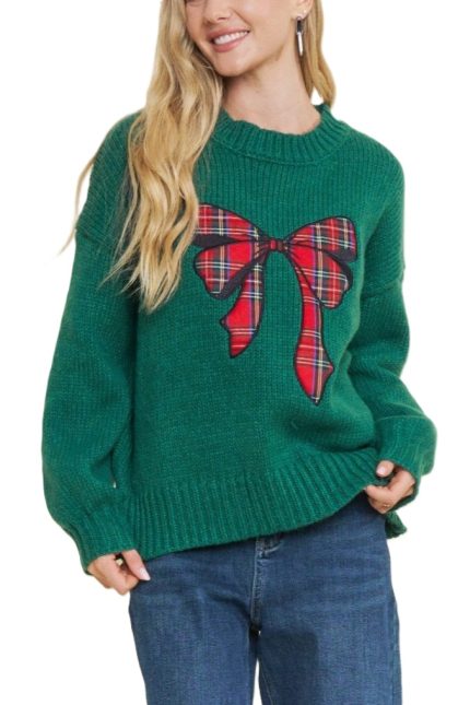Knit Pullover Sweater Plaid Bow Design