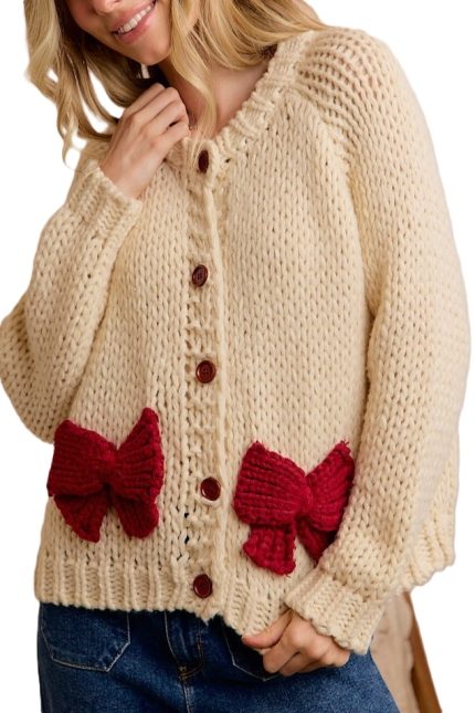 Front Button Closure Bow Trim Long Sleeve Sweater Cardigan