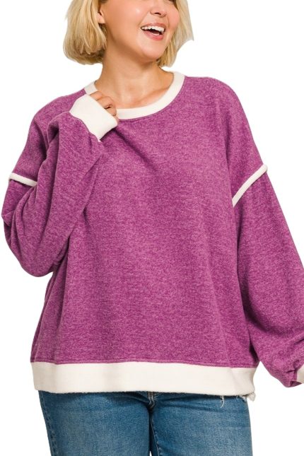 Plus Brushed Melange Hacci Contrast Trim Sweater
