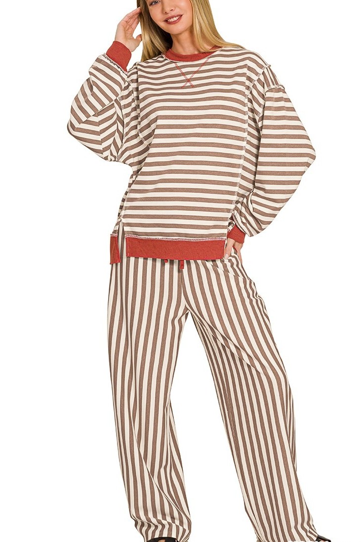 French Terry Striped Pullover And Pants Set