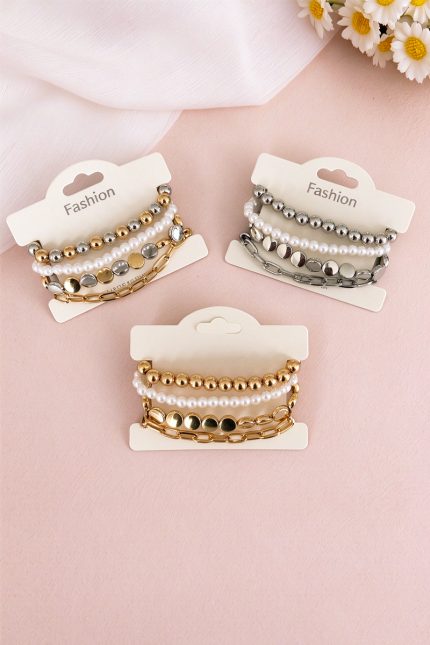 4 Piece Mixed Metallic Chain Pearl Beads Bracelet Set Pack 4