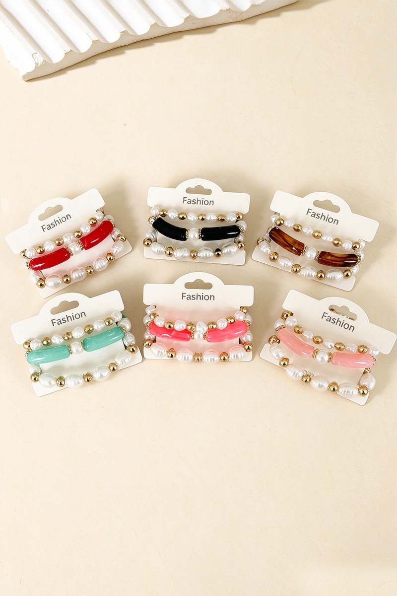 3 Piece Stone Pearl Mixed Beaded Stretch Bracelet Set Pack 6