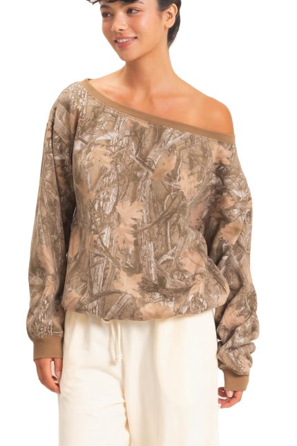 Tree Camouflage Print Off The Shoulder Sweatshirt