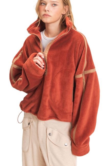 Contrast Trim Half-zip Fleece Pullover