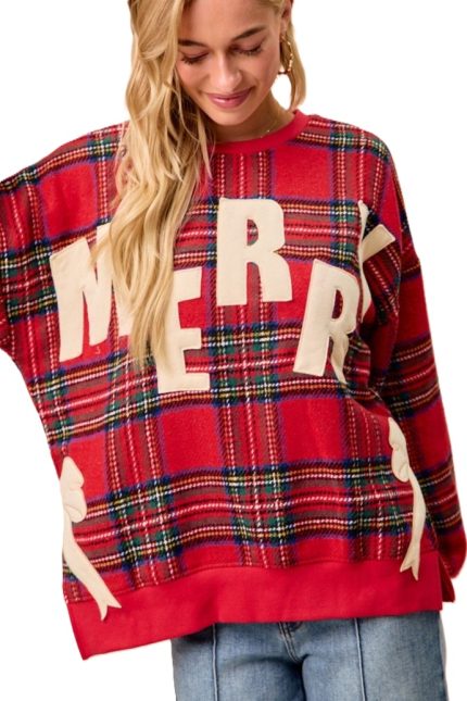 Merry Side Bow Patches Christmas Plaid Sweatshirt