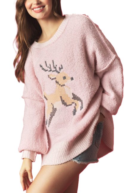 Deer Cross Embroidery And 2 Tone Rib Sweater