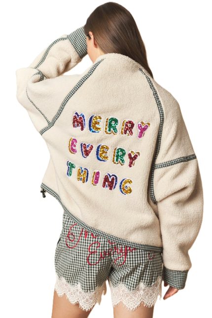 Gingham Yarn Dye Band And Coral Fleece Semi Zip Jacket