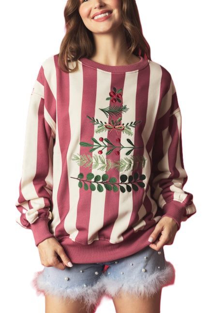 Stripe And Wreath Embroidery Fleeced Terry Sweatshirt