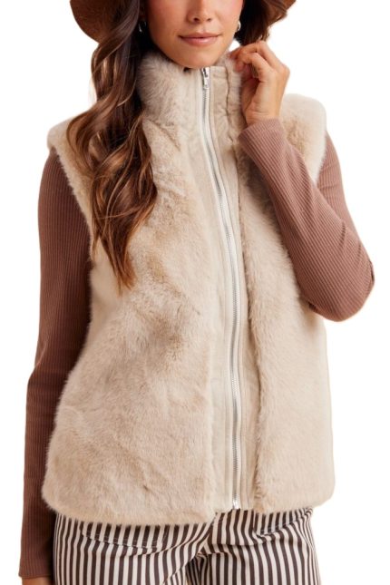 Stand Collar Faux Fur Vest Jacket
