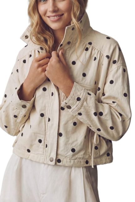 Polka Dot Corduroy Shirring Pocket Bomber Jacket