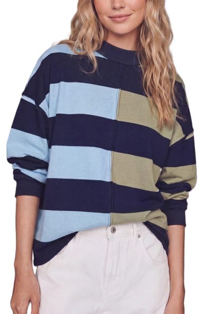 Mock Neck Stripe Color Half Block Sweatshirt