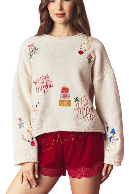 Holiday Embroidery Rolled Edge Sweater