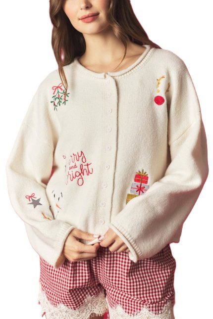 Holiday Embroidery Rolled Edge Cardigan