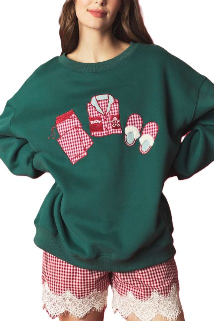 Pajama And Slipper Embroidery With Fur Detailed Sweatshirt