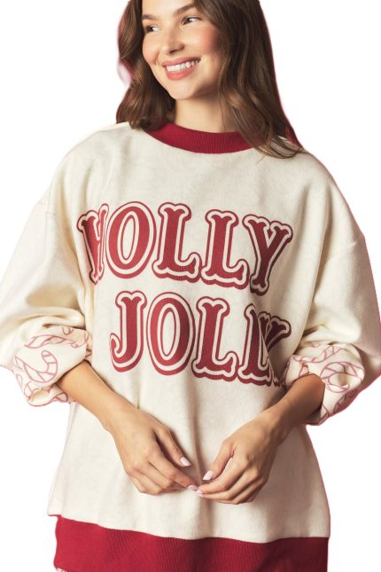Holly Jolly And Cane Reversible Fleeced Mock Neck Sweatshirt