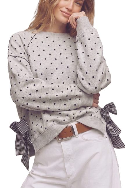 Gingham Piping And Bow Tied Polka Dot Sweatshirt