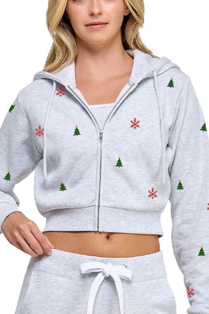 Fleece Relax Fit Crop Zip-up Hoodie With Christmas Emb