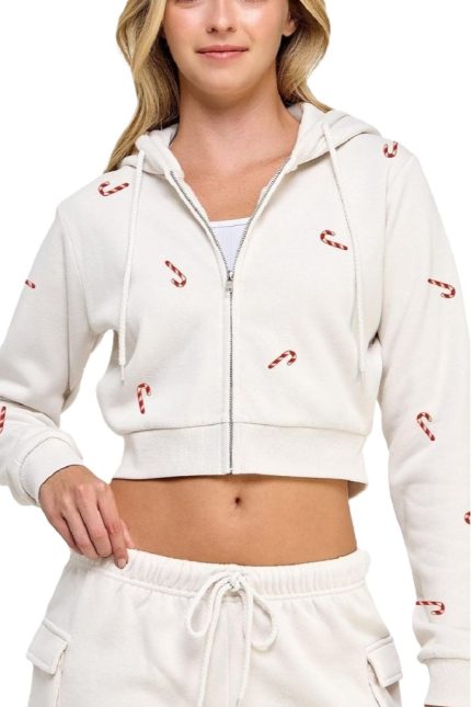 Fleece Relax Fit Crop Zip-up Hoodie With Candy Cane Emb