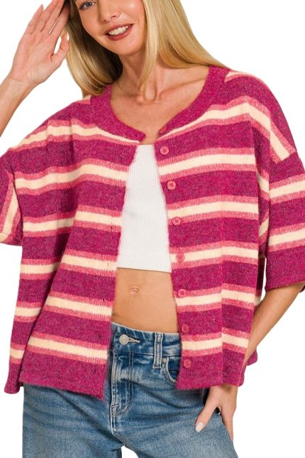 Striped Wool Blend Half Sleeve Cardigan Sweater