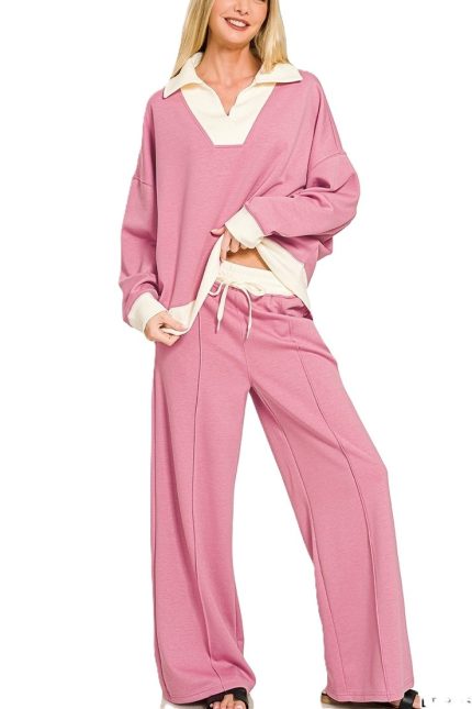 Scuba Collared Split Neck Sweatshirt And Pintuck Pants Set