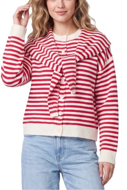 Long Sleeve Striped Cardigan With Scarf