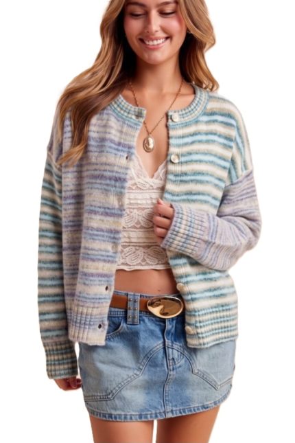 Multi Striped Color Block Wool Sweater Cardigan