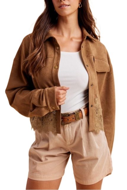 Lace Trimmed Faux Suede Button Jacket