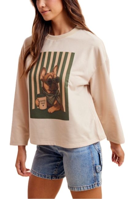 Coffee Loving Dog Graphic Loose Fit Tee