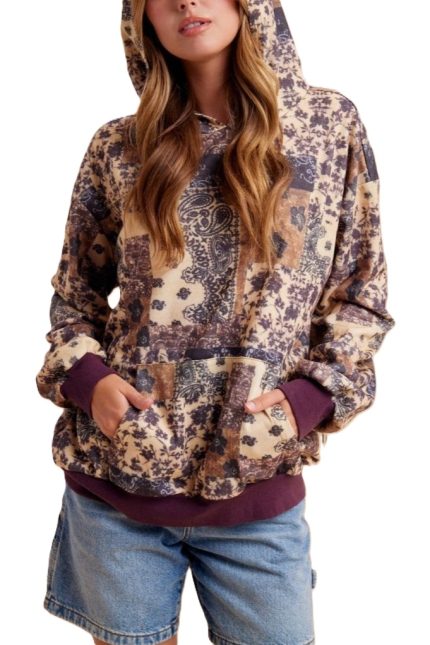 Oversized Floral Patchwork Print Terry Hoodie