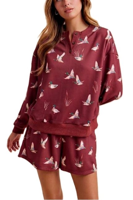 Mallard Print Henley Neck Pullover And Shorts Set