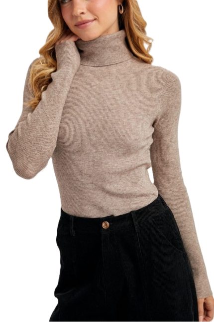 Wholegarment Turtle Neck Ribbed Knit Sweater
