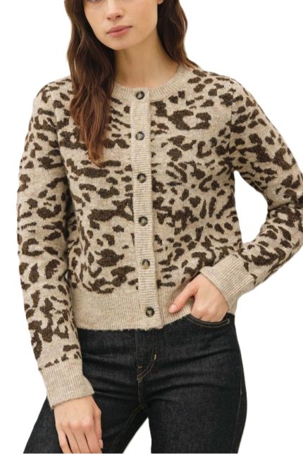 Leopard Knit Button-front Cardigan
