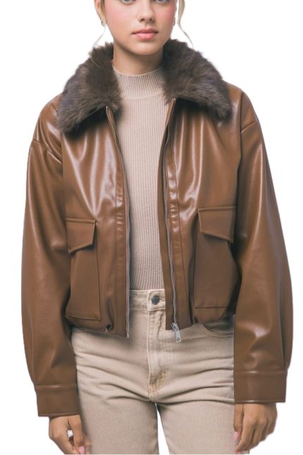 Faux-leather Aviator Bomber Jacket With A Fluffy Fur Collar