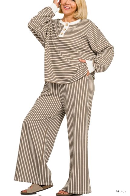 Plus Scuba Striped Button Sweatshirts And Pants Set