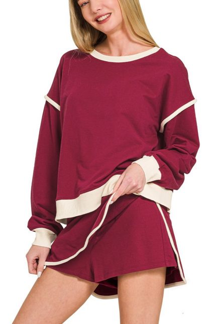 French Terry Drop Shoulder Pullover N Skorts Set