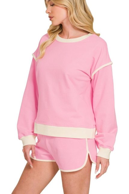 French Terry Contrast Binding Pullover And Shorts Set