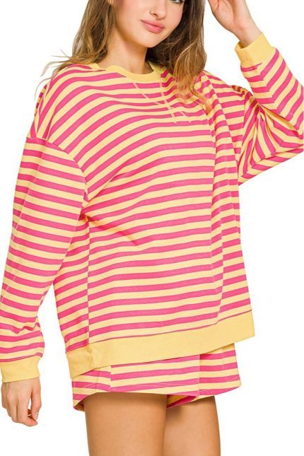 French Terry Striped Pullover And Shorts Set