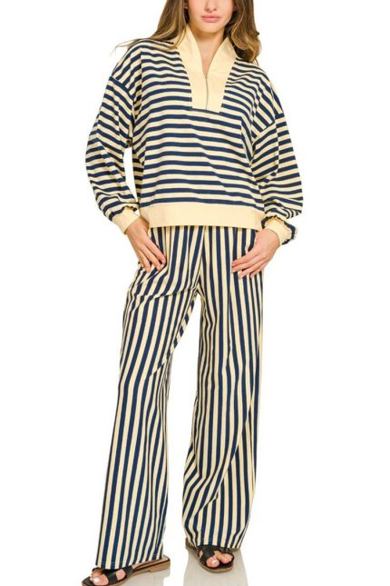 Striped Split Neck Top And Pants Set