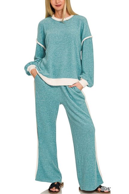 Brushed Melange Hacci Contrast Trim Sweater And Pants Set