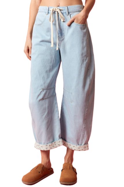 Floral Print Hem Roll Up Drawcord Barrel Jeans