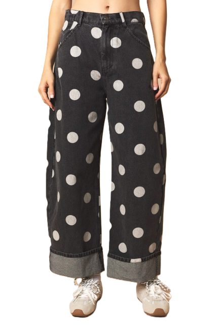 Polka Dot Rolled Up Barrel Printed Jeans