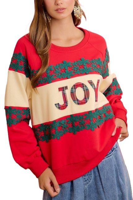 Christmas Terry Block Floral Lace Sweatshirts