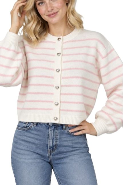 Heart-button Balloon-sleeve Cardigan