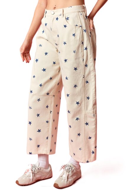Washed Distressed Stars Printed Twill Barrel Pants